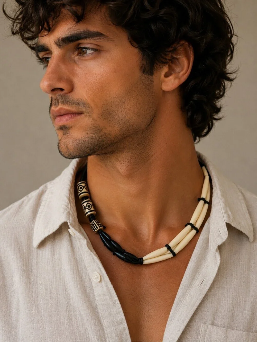 Vtg Ethnic Bone Unisex Choker Necklace